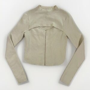 Open Edit Sweater Women Medium Beige Cotton Stretch Ribbed Knit Cutout Mock Neck